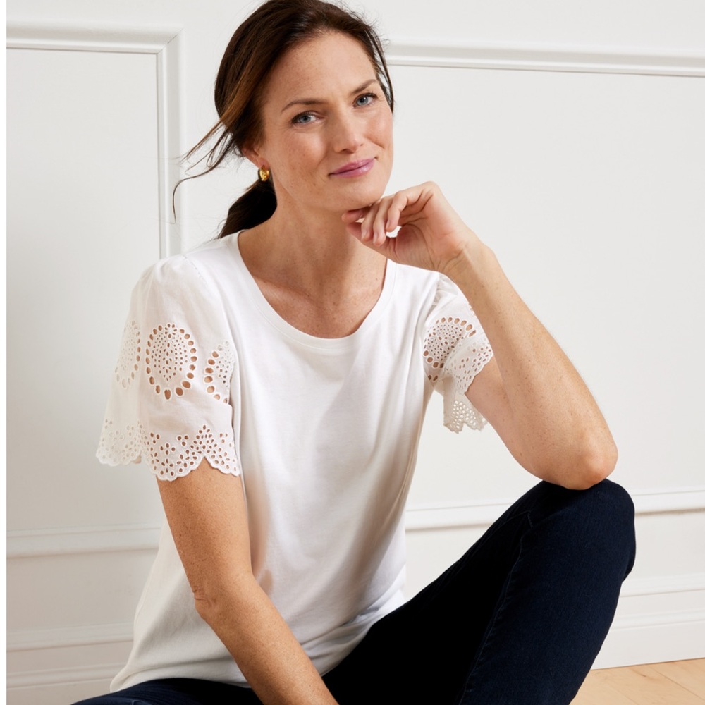 ON SALE! Talbots white eyelet cap sleeve tee shirt (size M) NEVER WORN